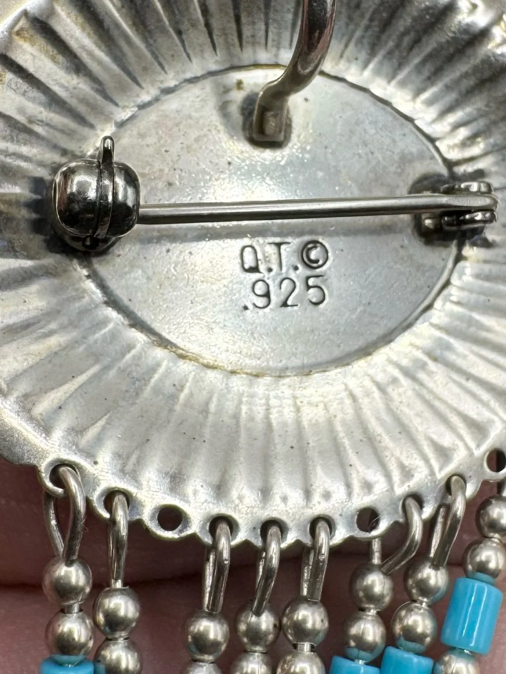 Quoc QT Southwestern Sterling Silver Faux Blue Turquoise Dangle Pendant Pin